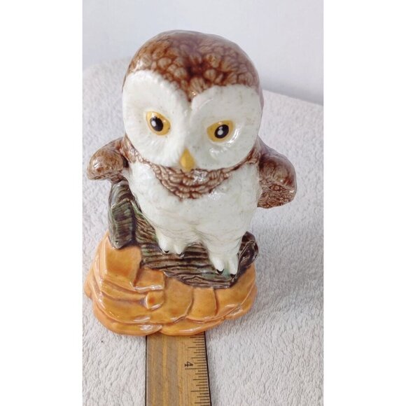 Owl Figurine Ceramic Glossy Finish 6.25" Brown Cream Signed DOT 90' Bird Warm Co - Picture 9 of 10
